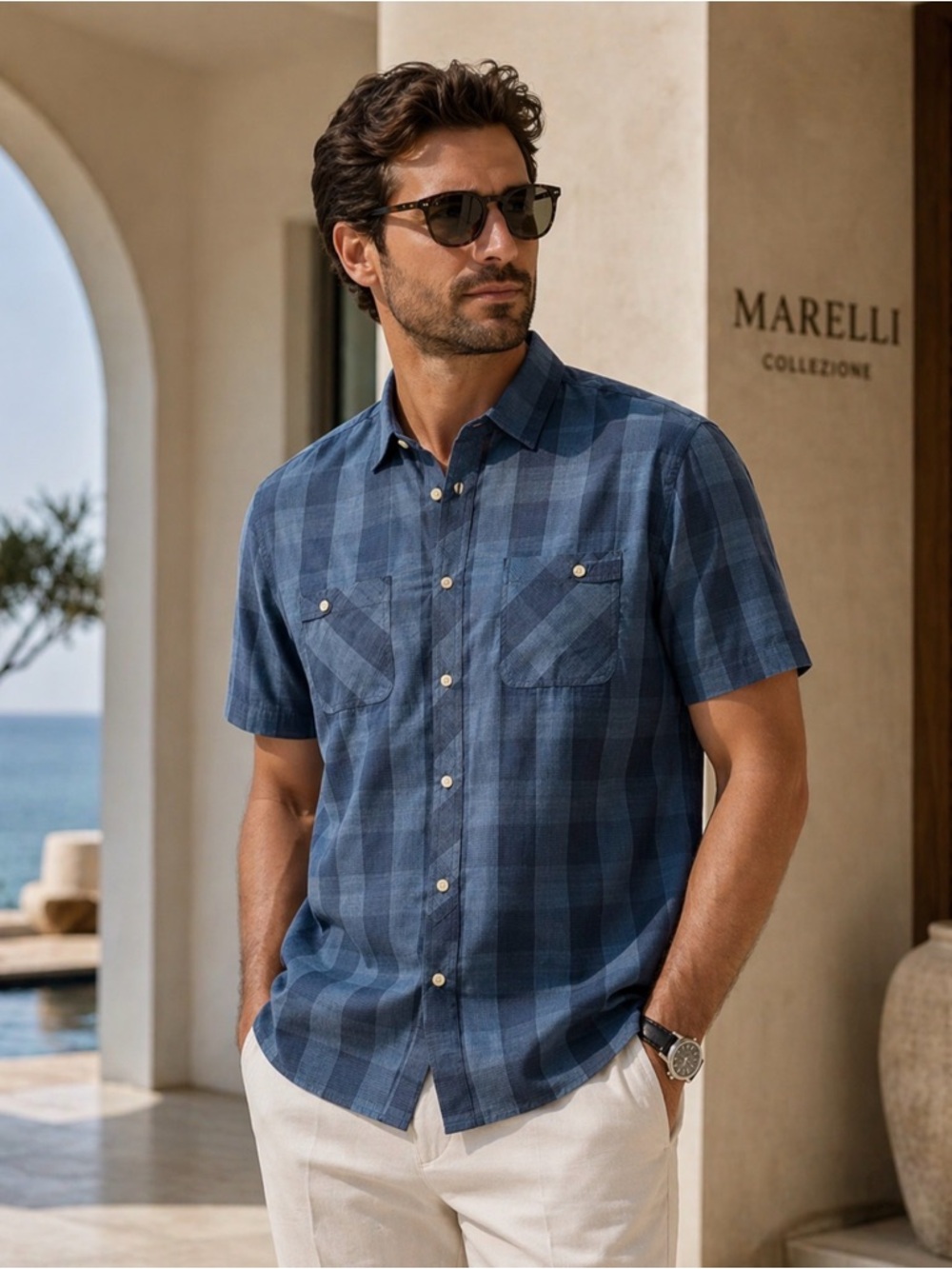 Men's Blue Checkered Casual Button-Down Shirt